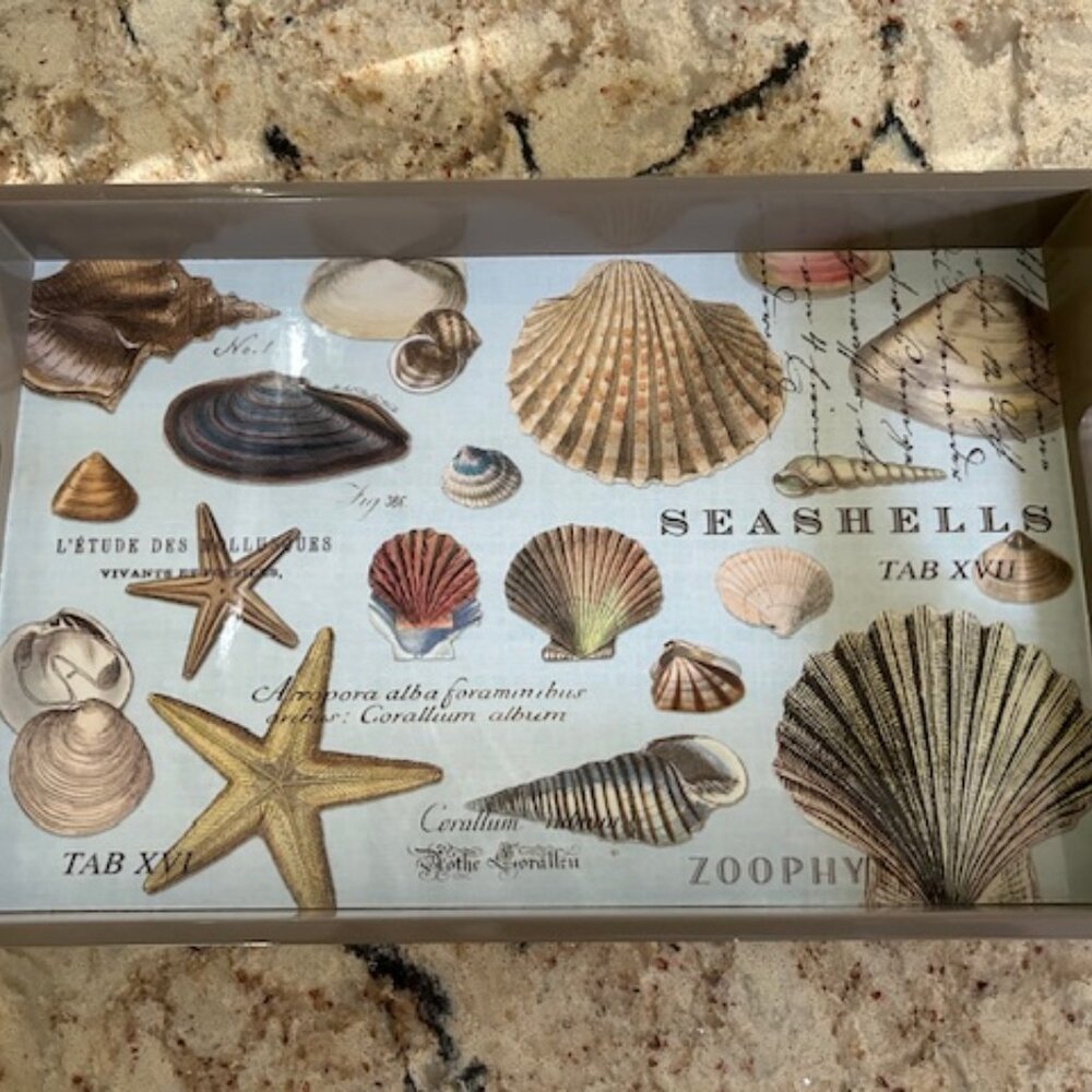 NEW Michel Design Works Seashells Vanity Tray, Tan Lacquered sides/base.
